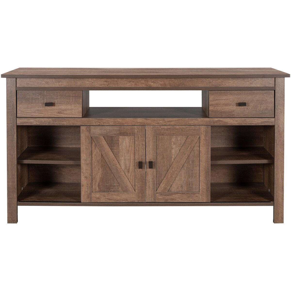 Wood TV Stand with 2 Drawers and Open Adjustable Shelves