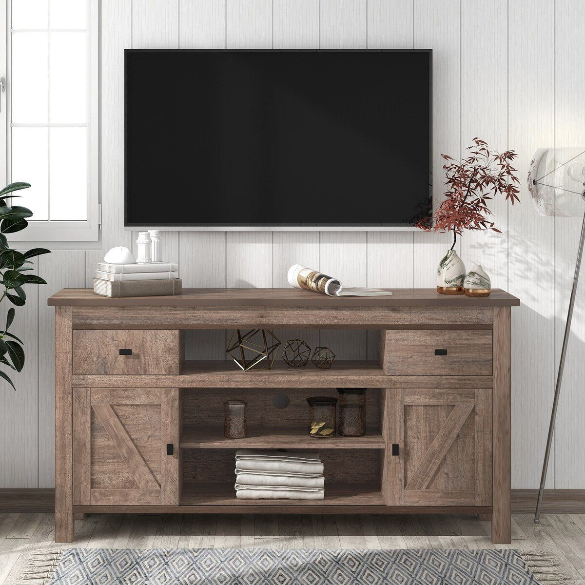 Wood TV Stand with 2 Drawers and Open Adjustable Shelves