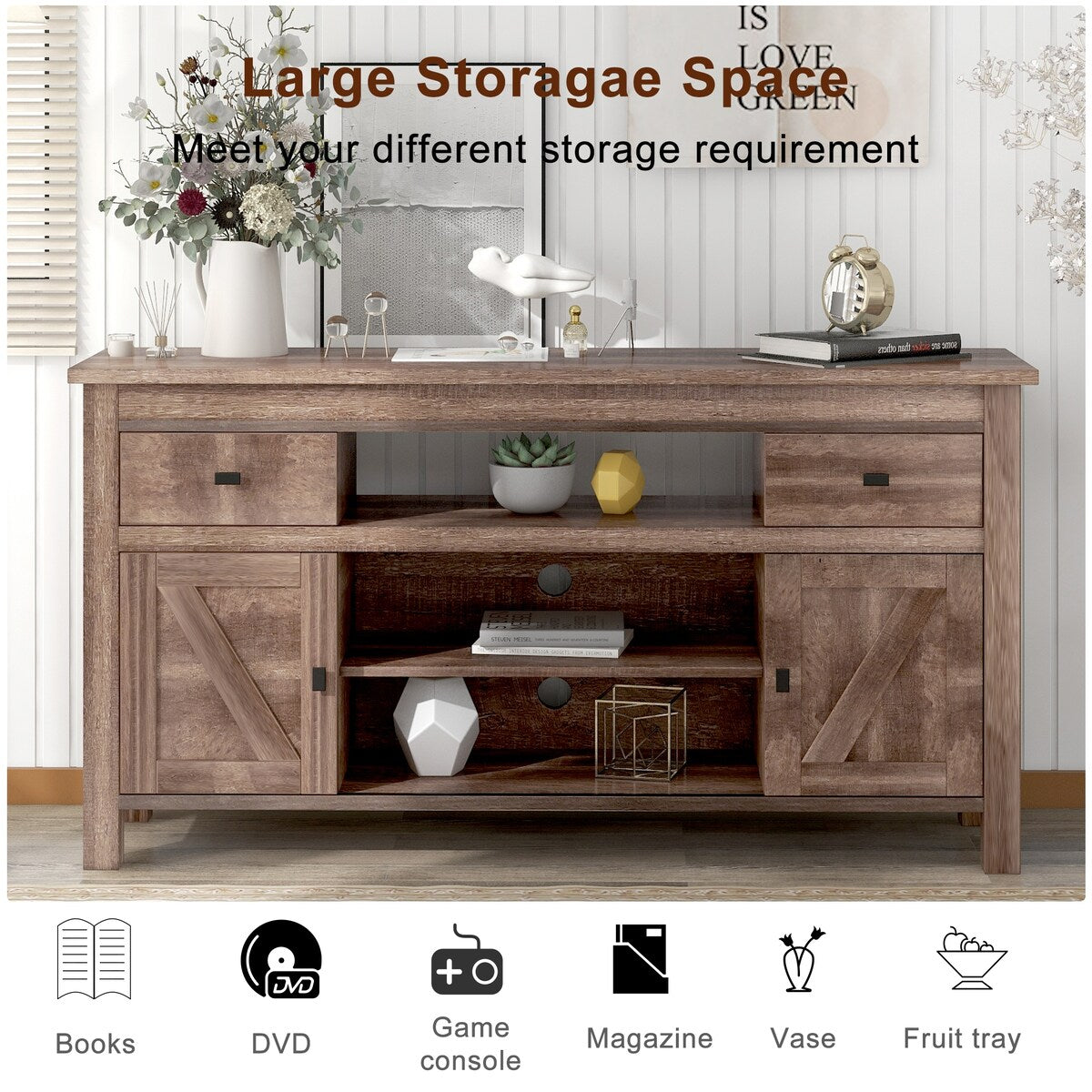 Wood TV Stand with 2 Drawers and Open Adjustable Shelves