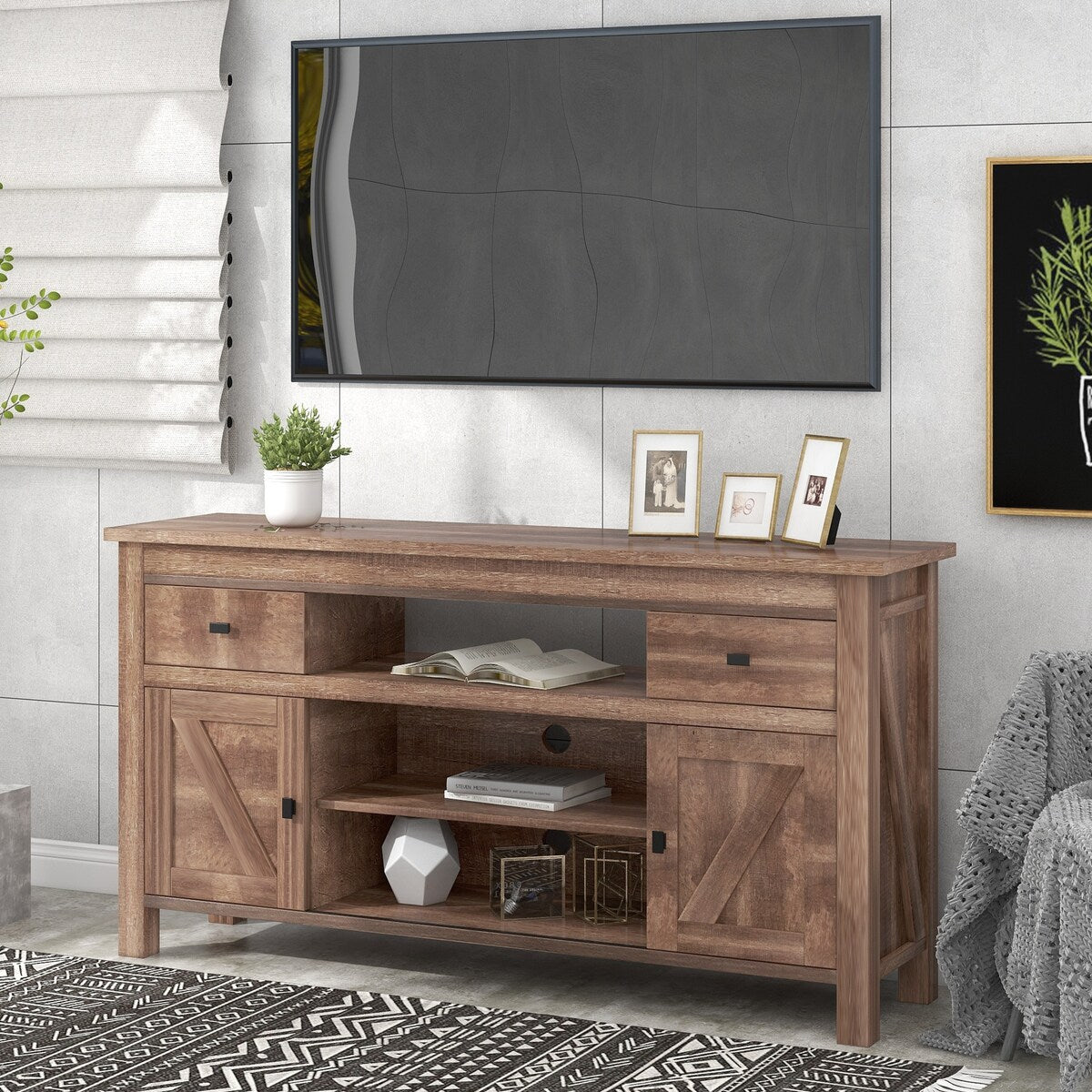 Wood TV Stand with 2 Drawers and Open Adjustable Shelves