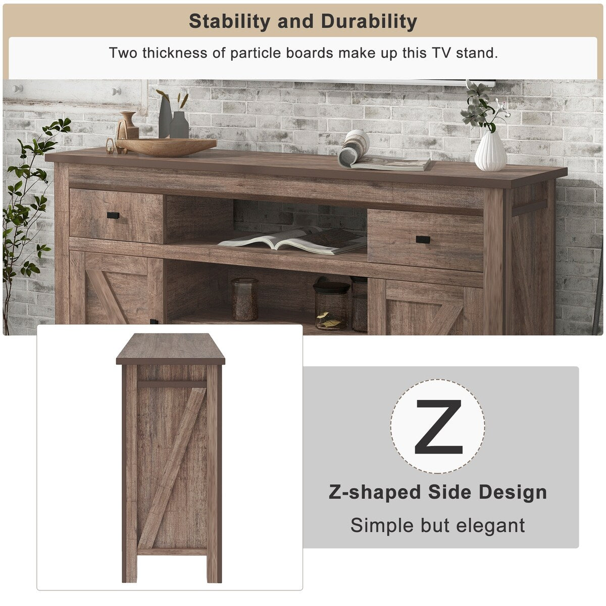 Wood TV Stand with 2 Drawers and Open Adjustable Shelves