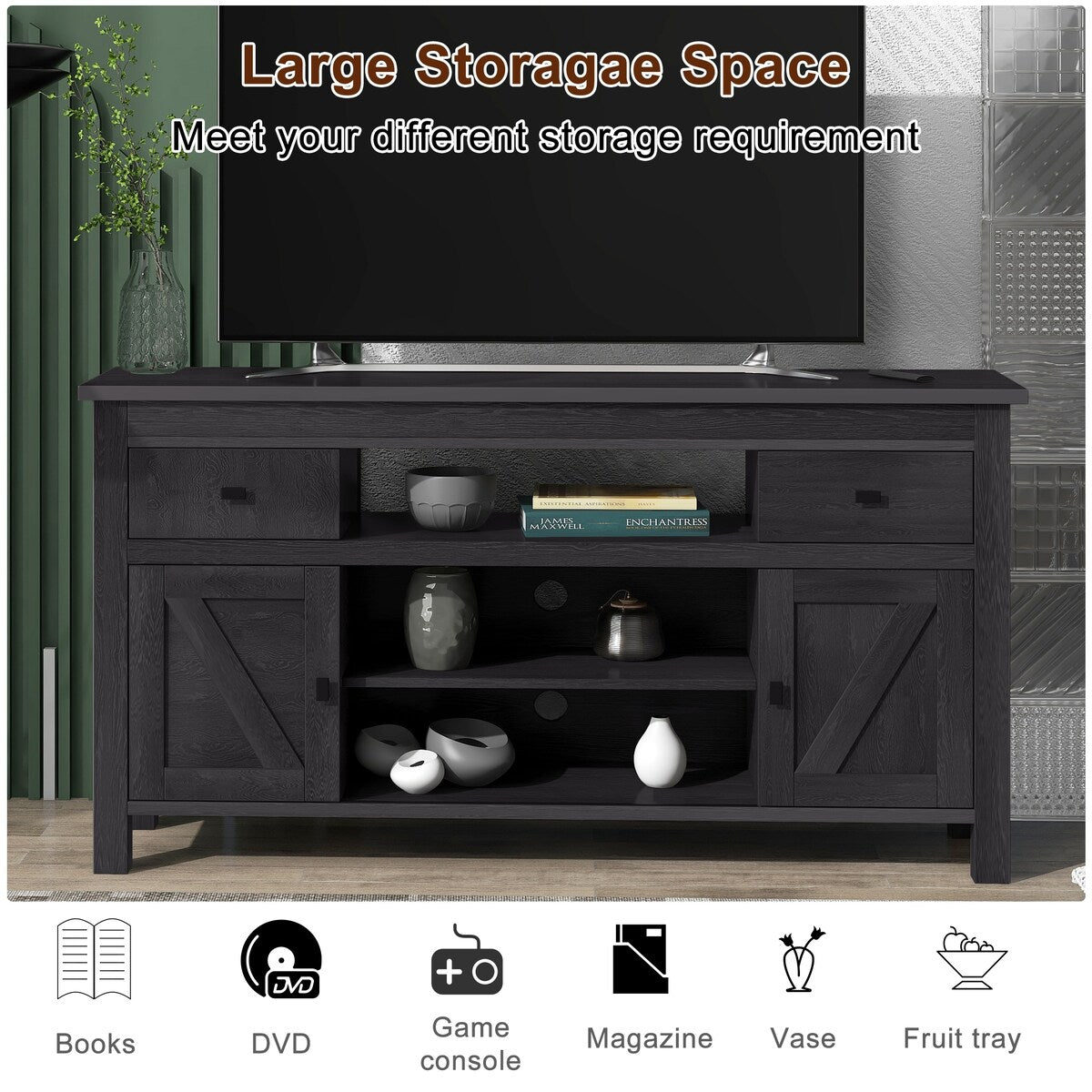 Wood TV Stand with 2 Drawers and Open Adjustable Shelves