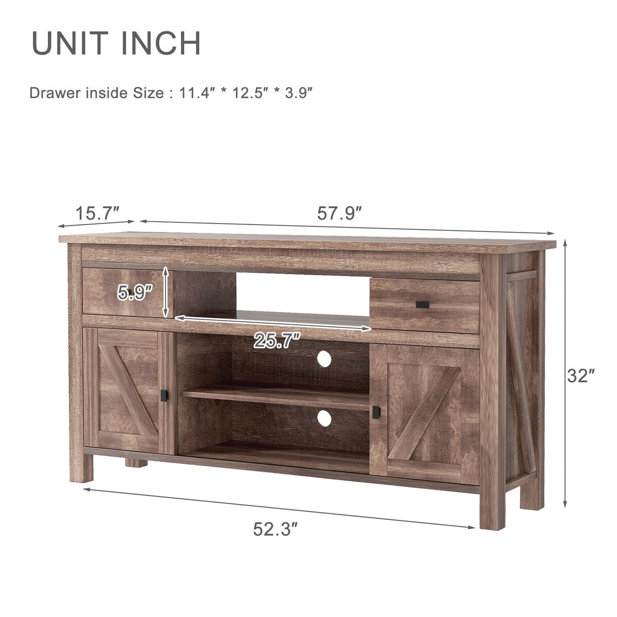 Wood TV Stand with 2 Drawers and Open Adjustable Shelves