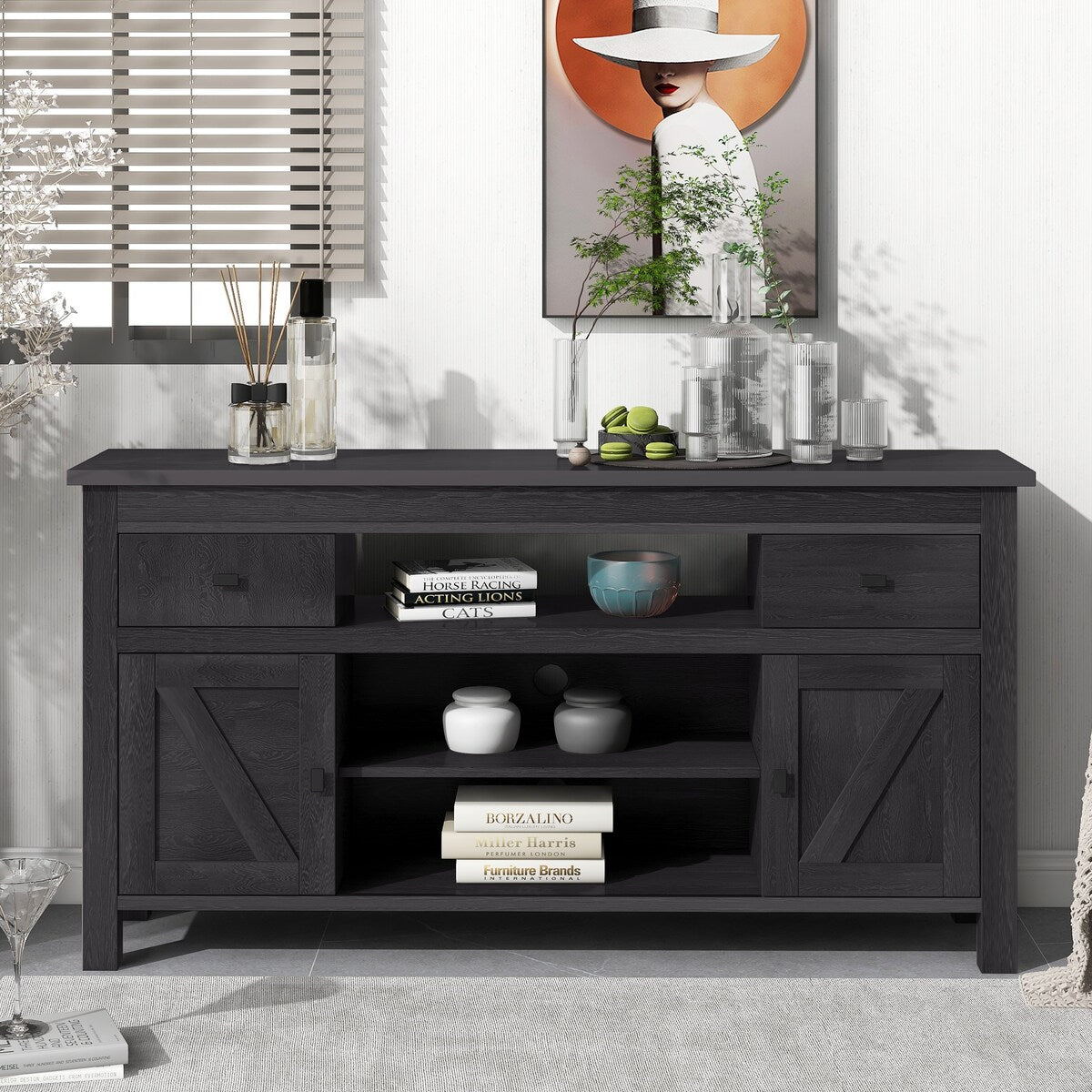 Wood TV Stand with 2 Drawers and Open Adjustable Shelves