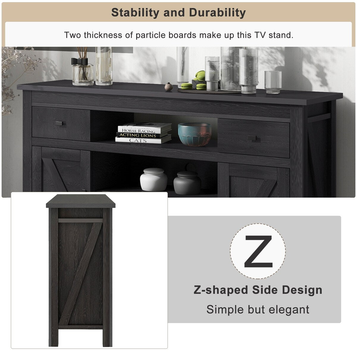Wood TV Stand with 2 Drawers and Open Adjustable Shelves