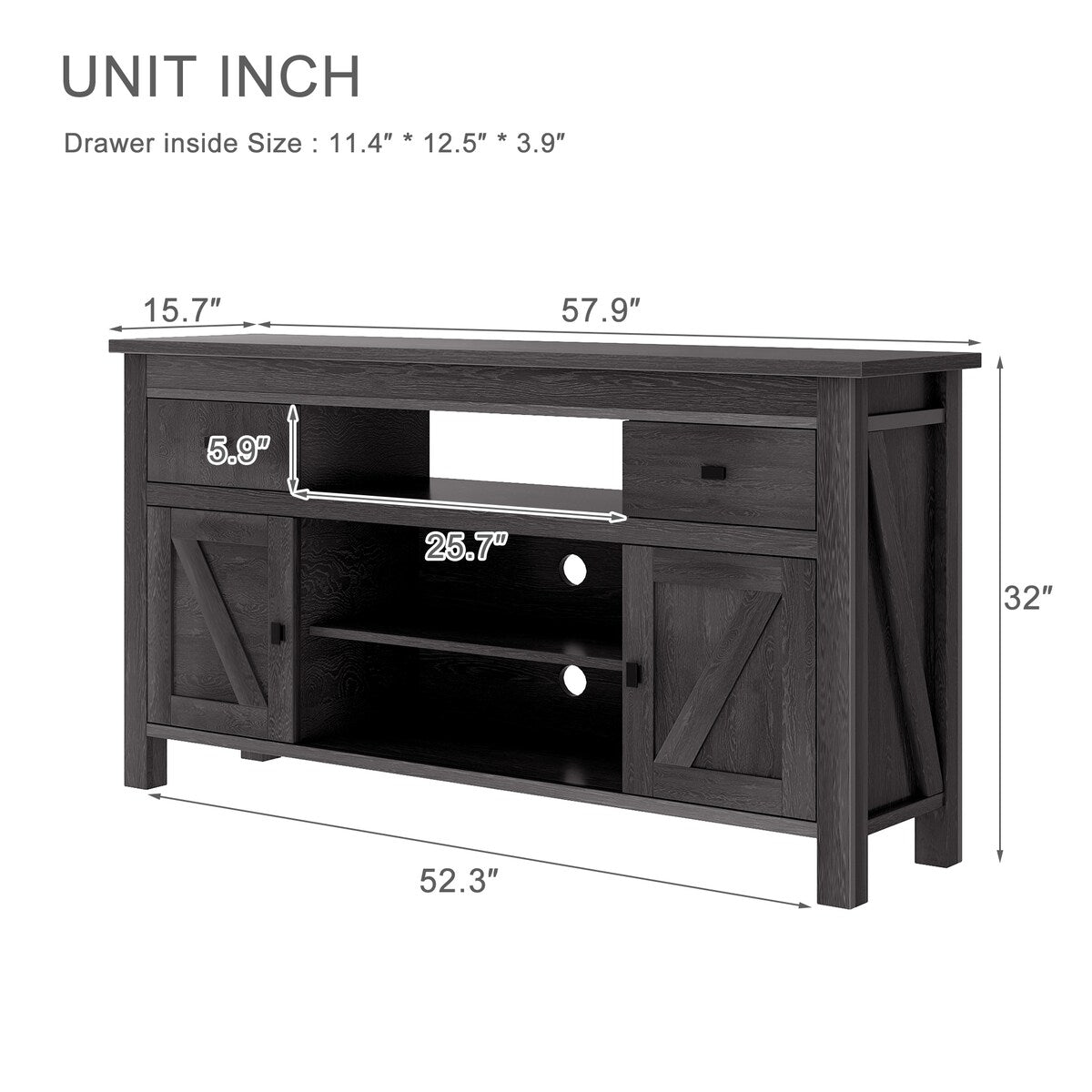 Wood TV Stand with 2 Drawers and Open Adjustable Shelves