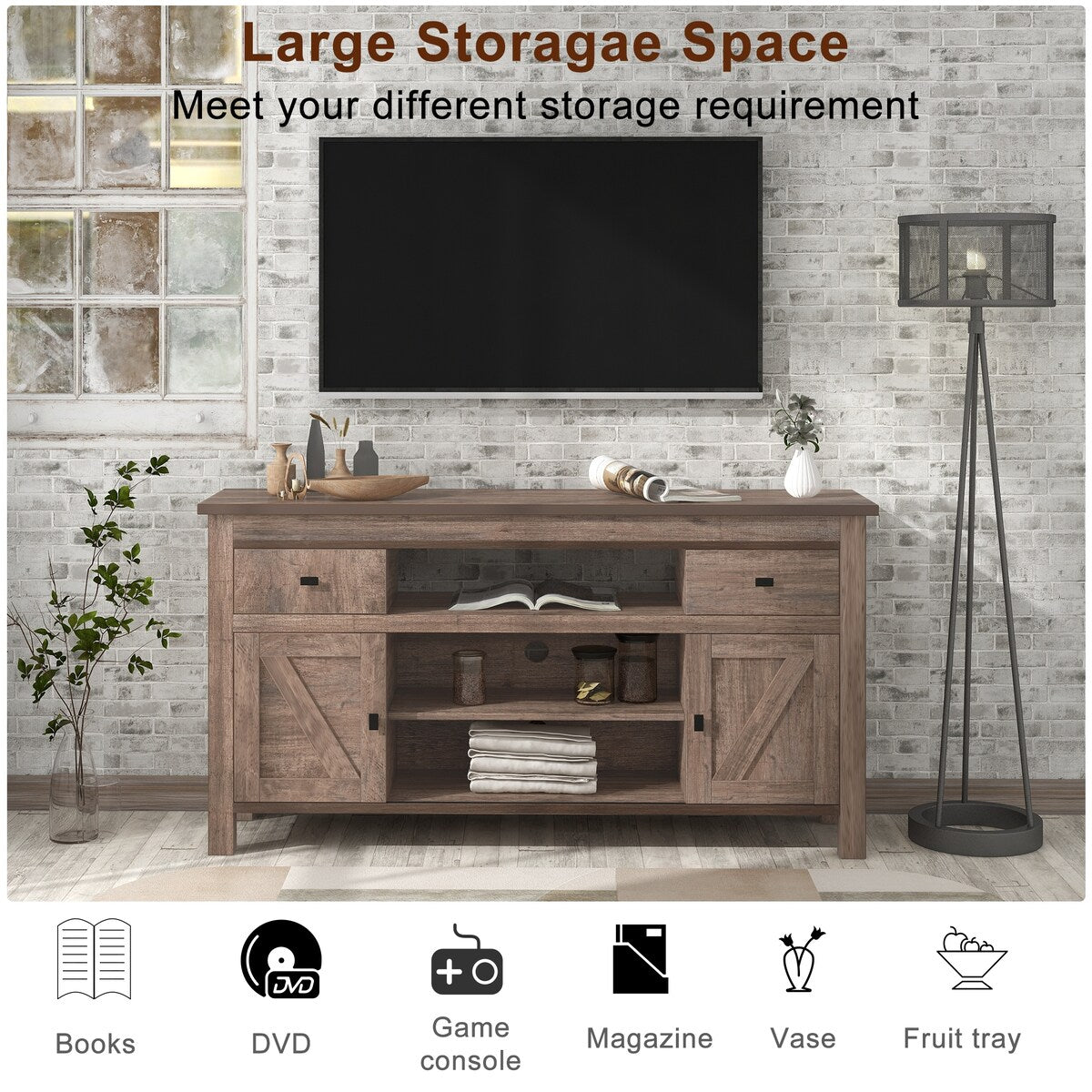 Wood TV Stand with 2 Drawers and Open Adjustable Shelves