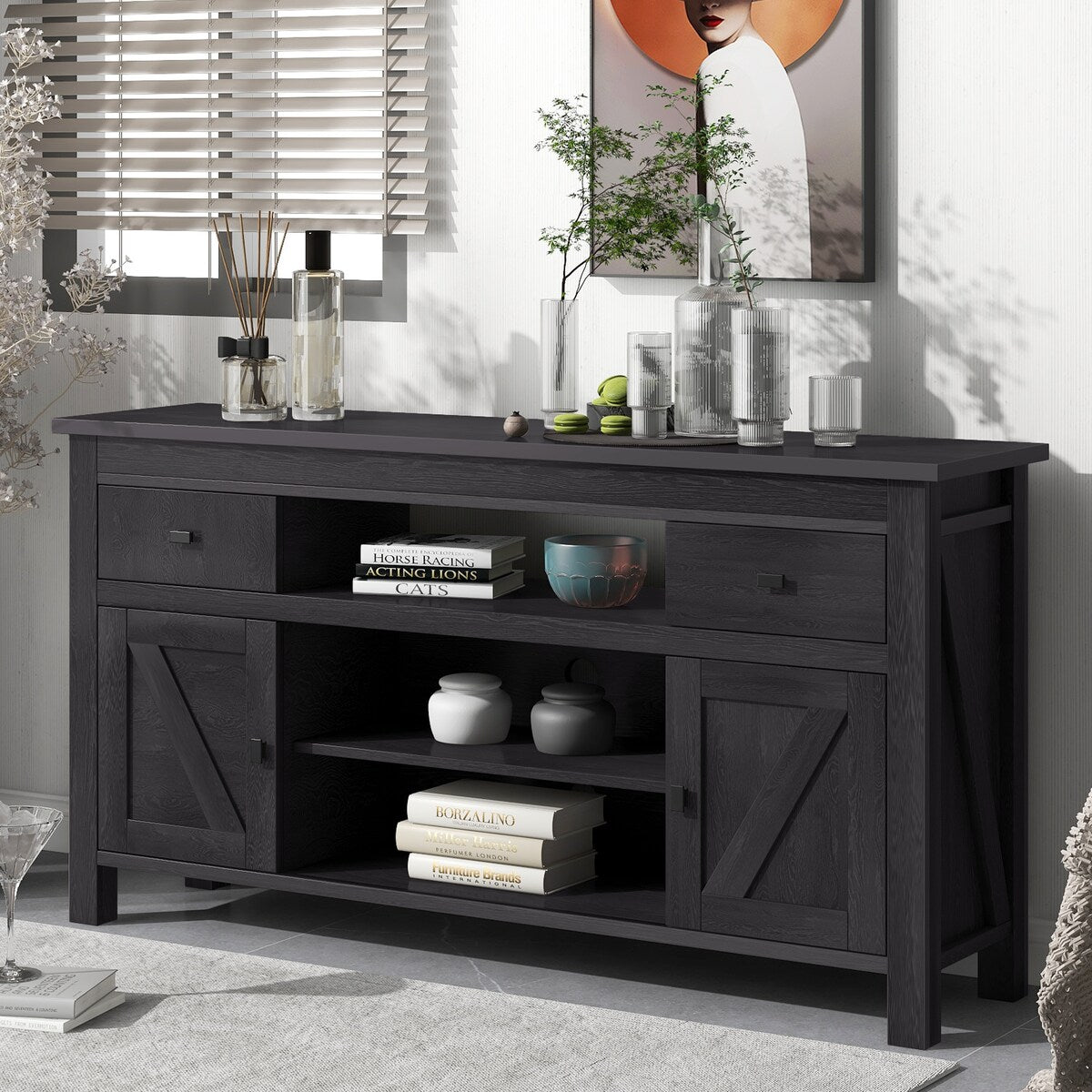 Wood TV Stand with 2 Drawers and Open Adjustable Shelves