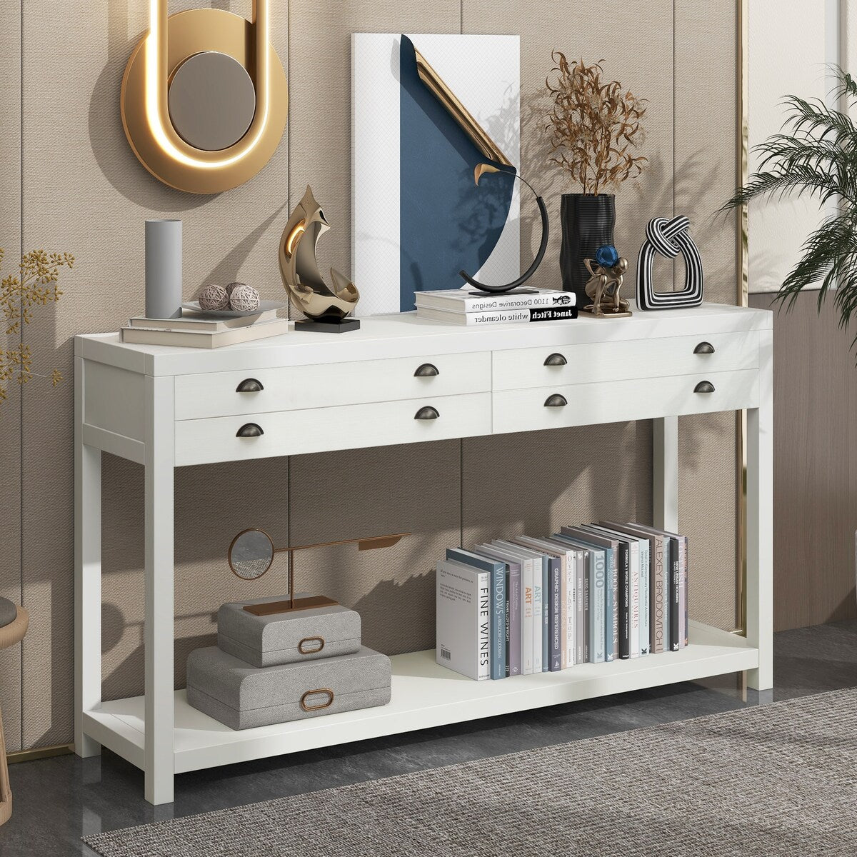 Wooden Console Table with Two Big Top Drawers and Open Style Shelf Large Storage Space