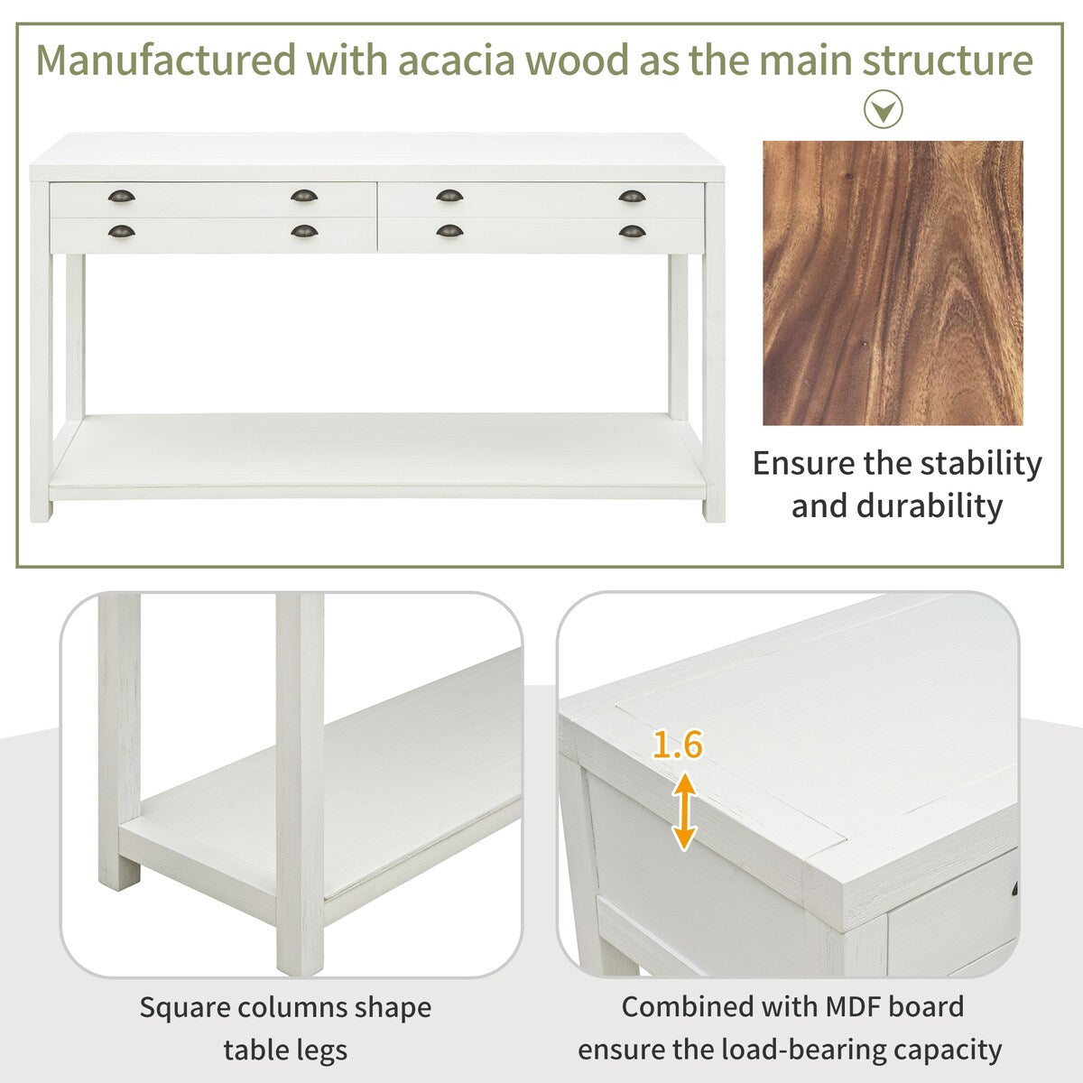 Wooden Console Table with Two Big Top Drawers and Open Style Shelf Large Storage Space