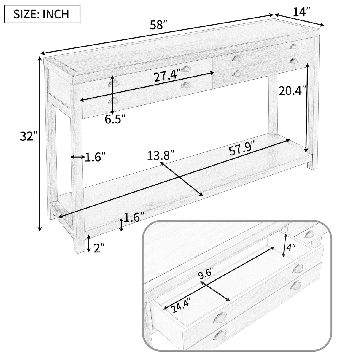 Wooden Console Table with Two Big Top Drawers and Open Style Shelf Large Storage Space