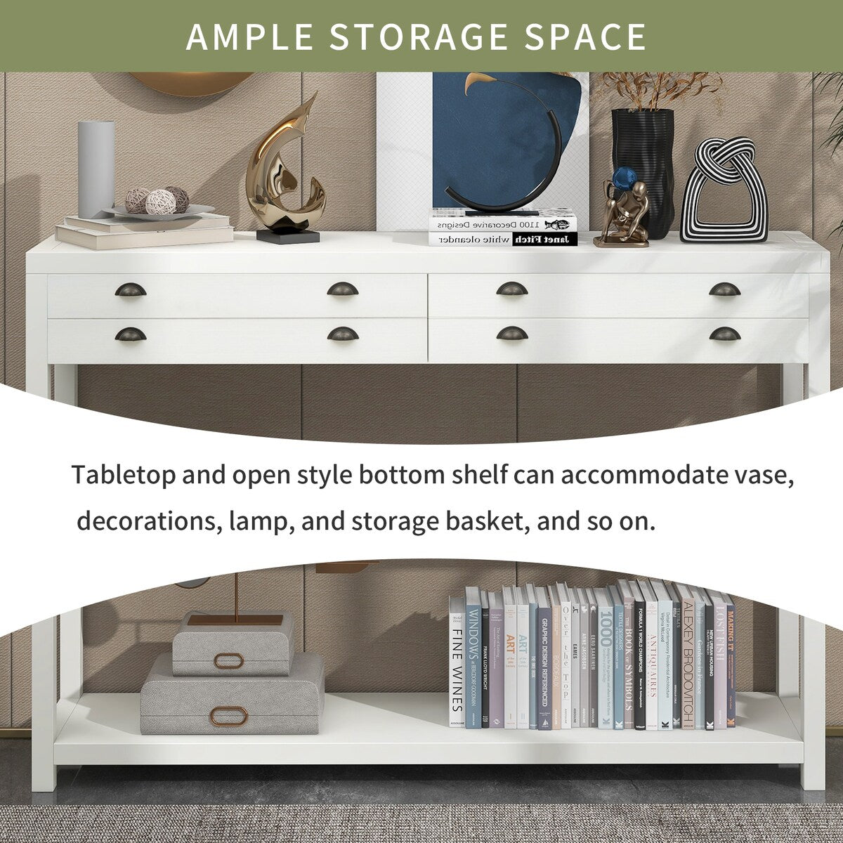 Wooden Console Table with Two Big Top Drawers and Open Style Shelf Large Storage Space