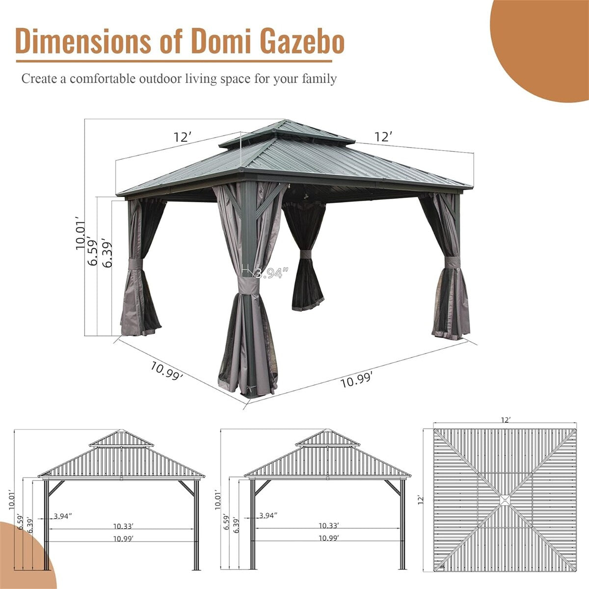 CUSchoice Aluminum Hardtop Gazebo with Double Steel Roof Curtain and Netting