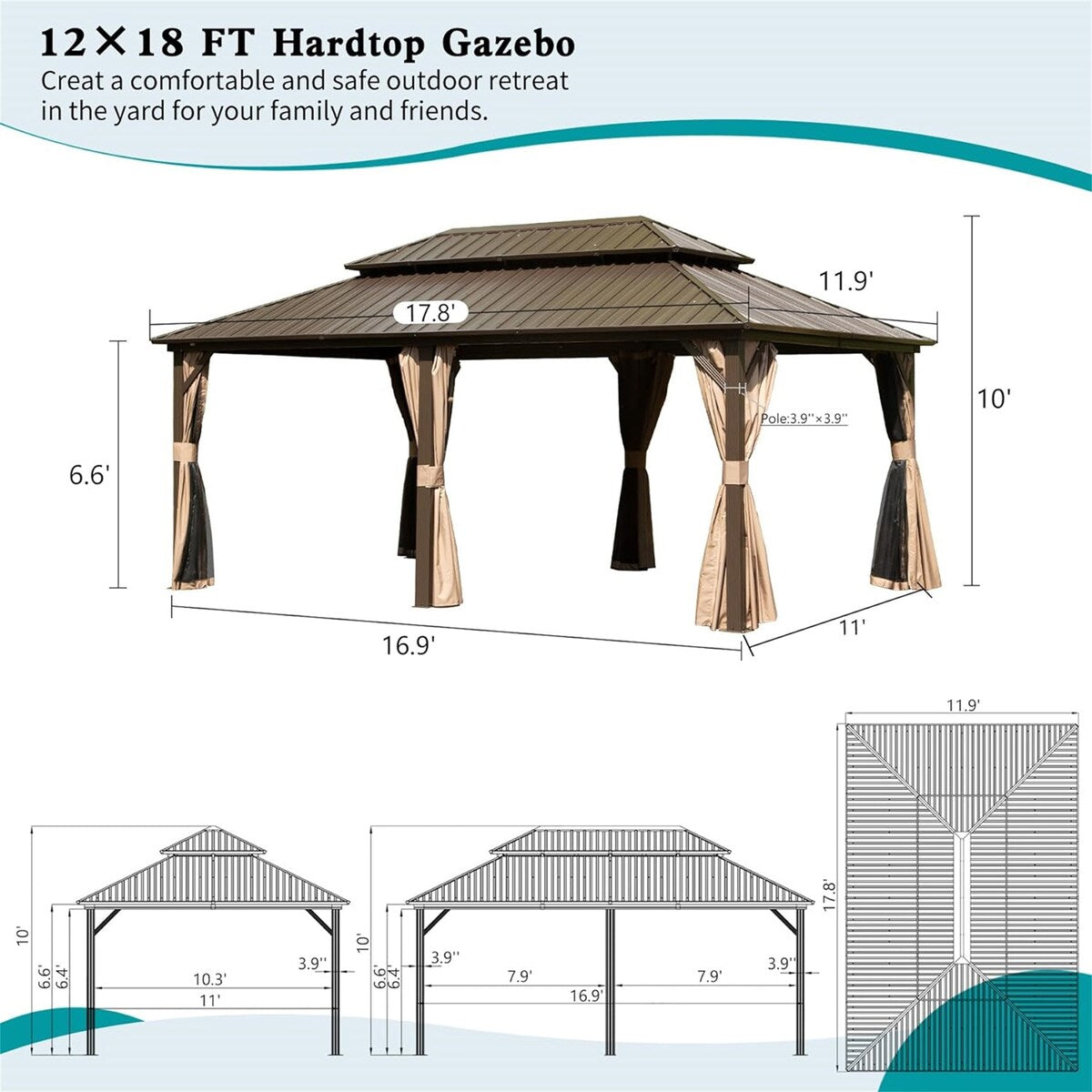 CUSchoice Aluminum Hardtop Gazebo with Double Steel Roof Curtain and Netting