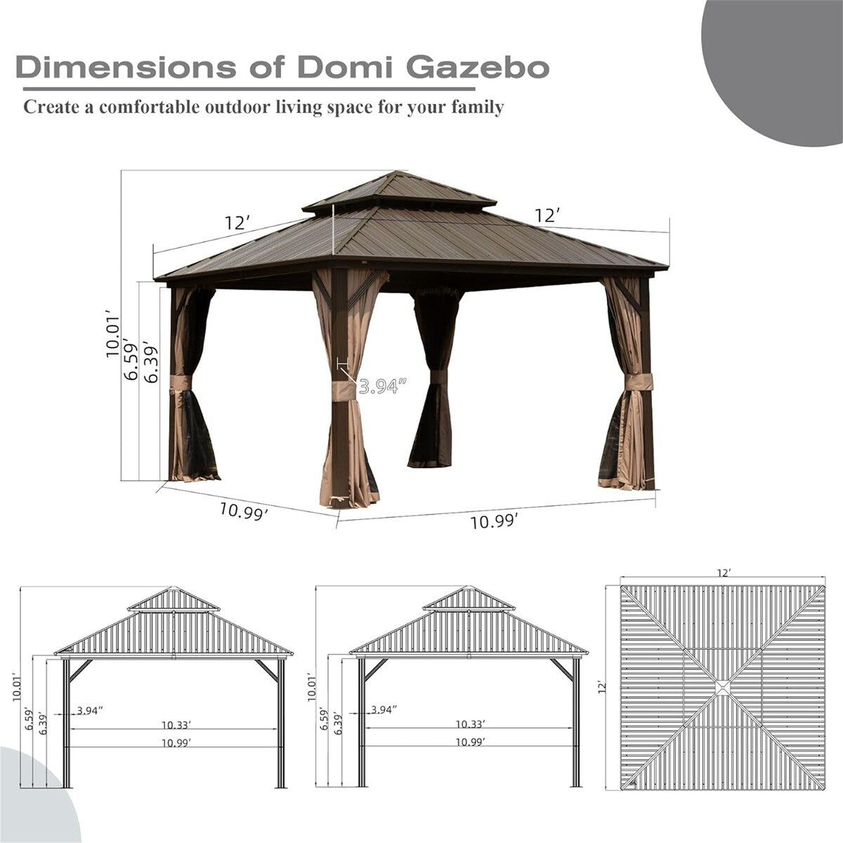 CUSchoice Aluminum Hardtop Gazebo with Double Steel Roof Curtain and Netting