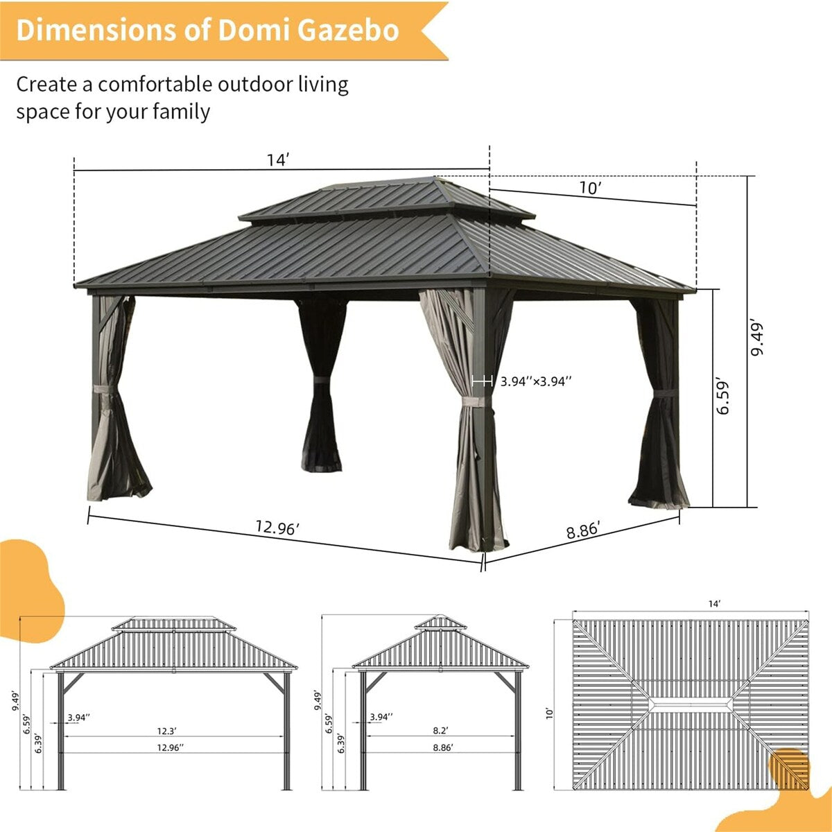 CUSchoice Aluminum Hardtop Gazebo with Double Steel Roof Curtain and Netting