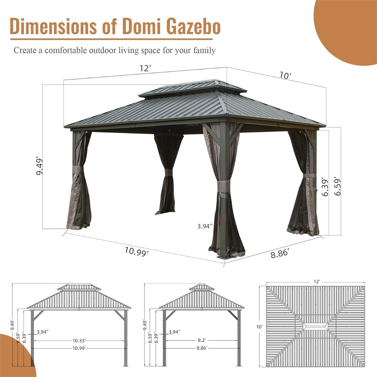 CUSchoice Aluminum Hardtop Gazebo with Double Steel Roof Curtain and Netting