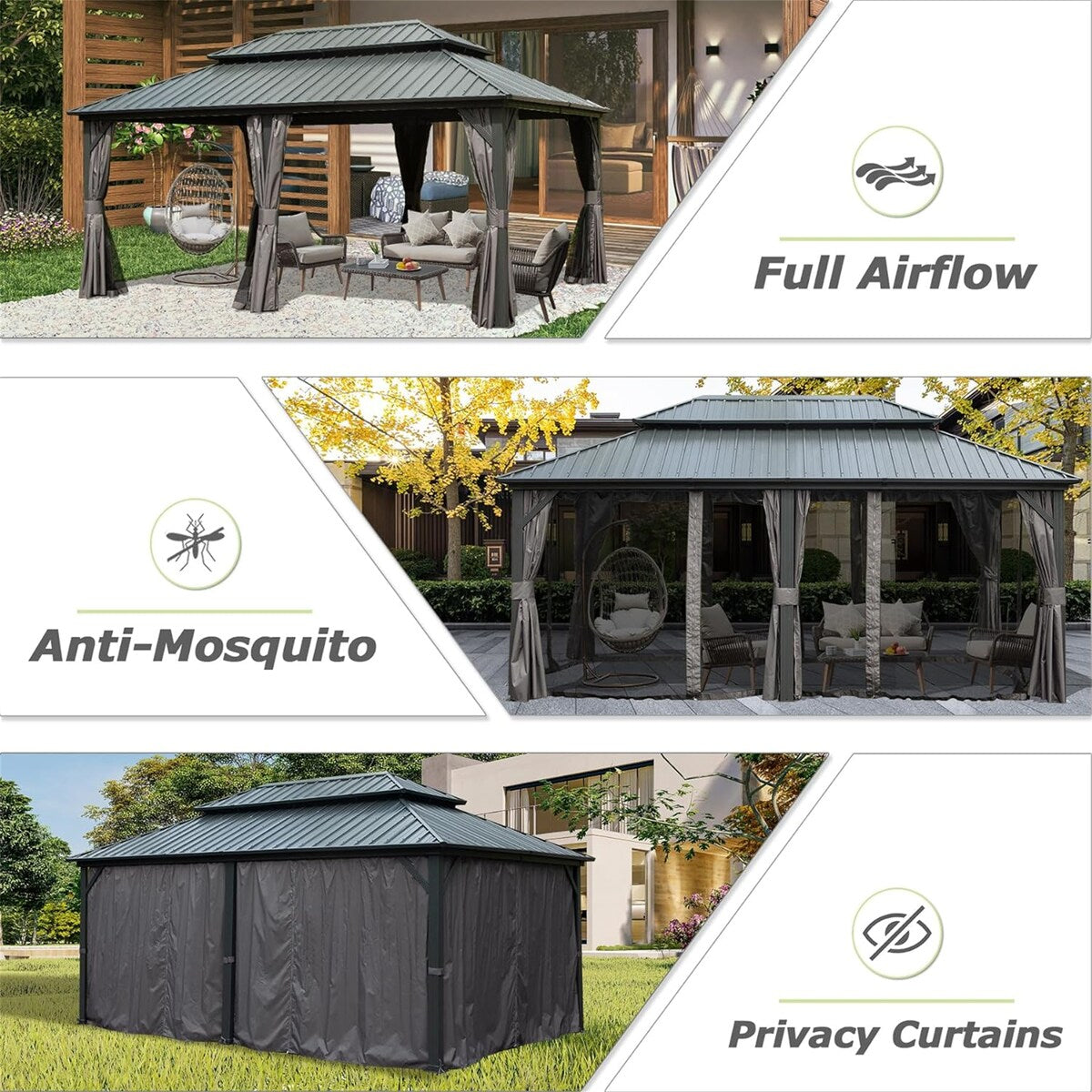 CUSchoice Aluminum Hardtop Gazebo with Double Steel Roof Curtain and Netting