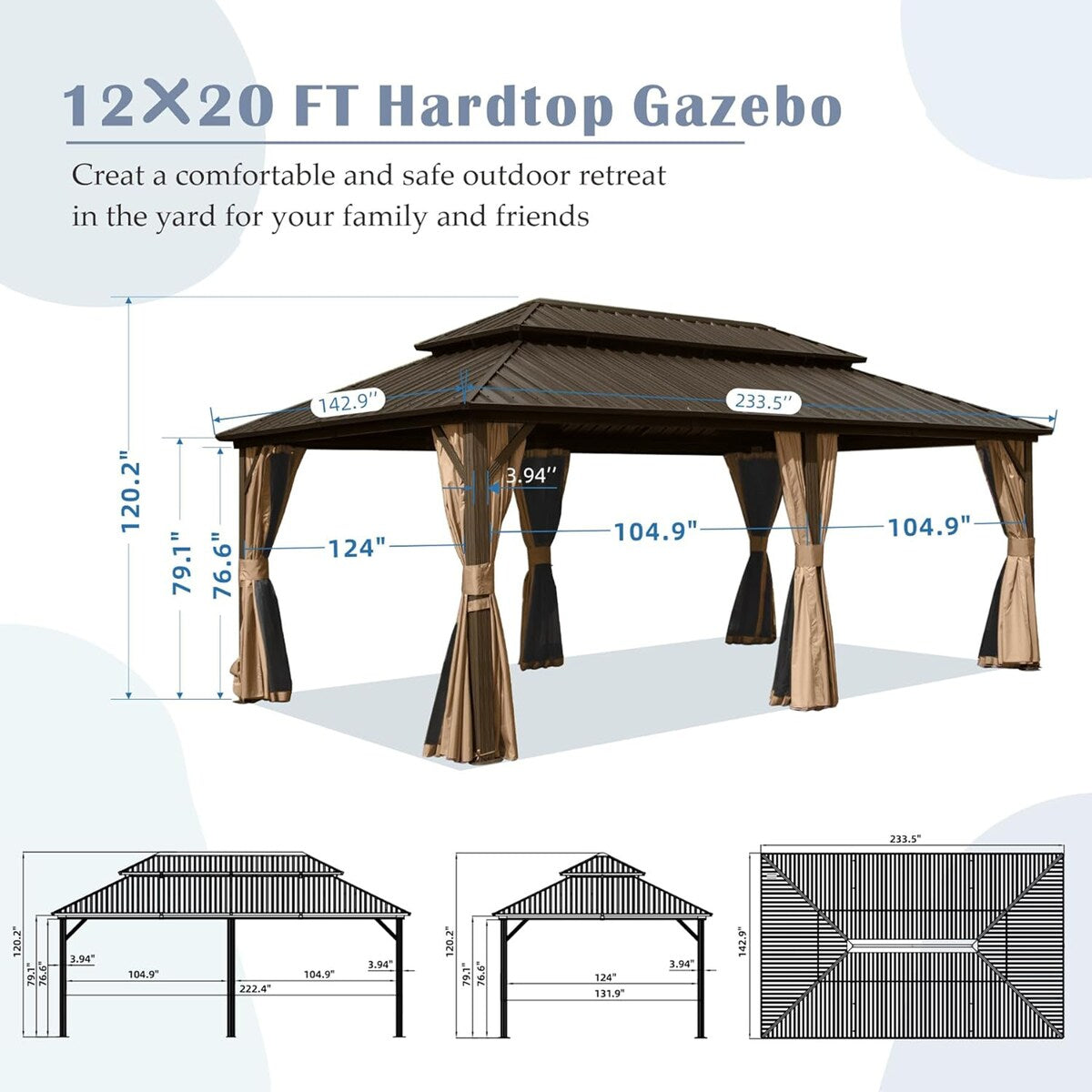 CUSchoice Aluminum Hardtop Gazebo with Double Steel Roof Curtain and Netting