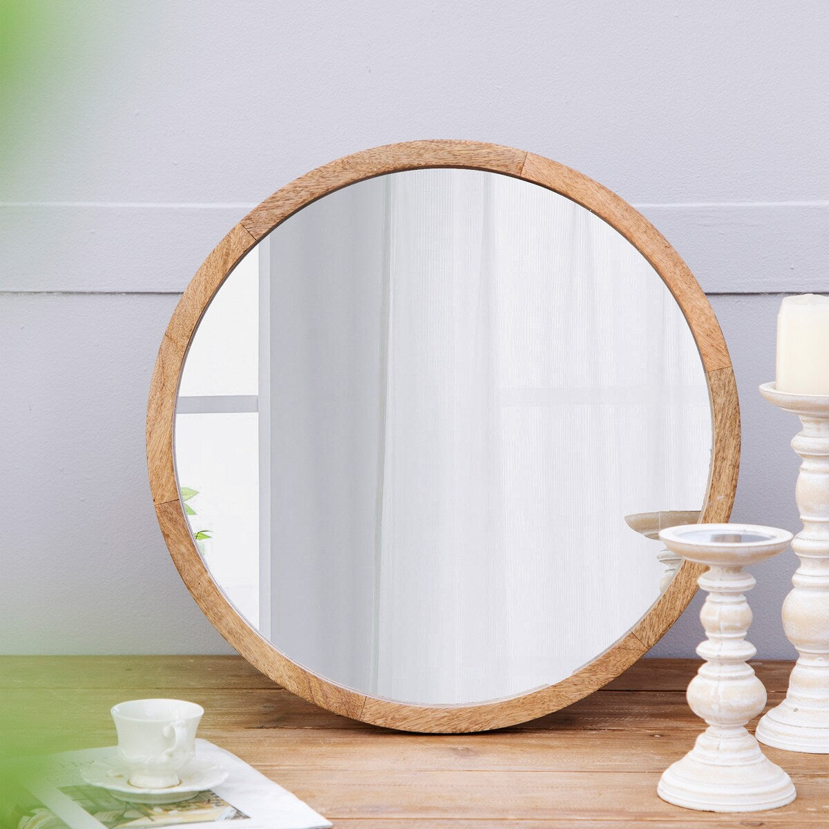 CUSchoice Circle Wall Mirror with Wooden Frame - 20" x 20"