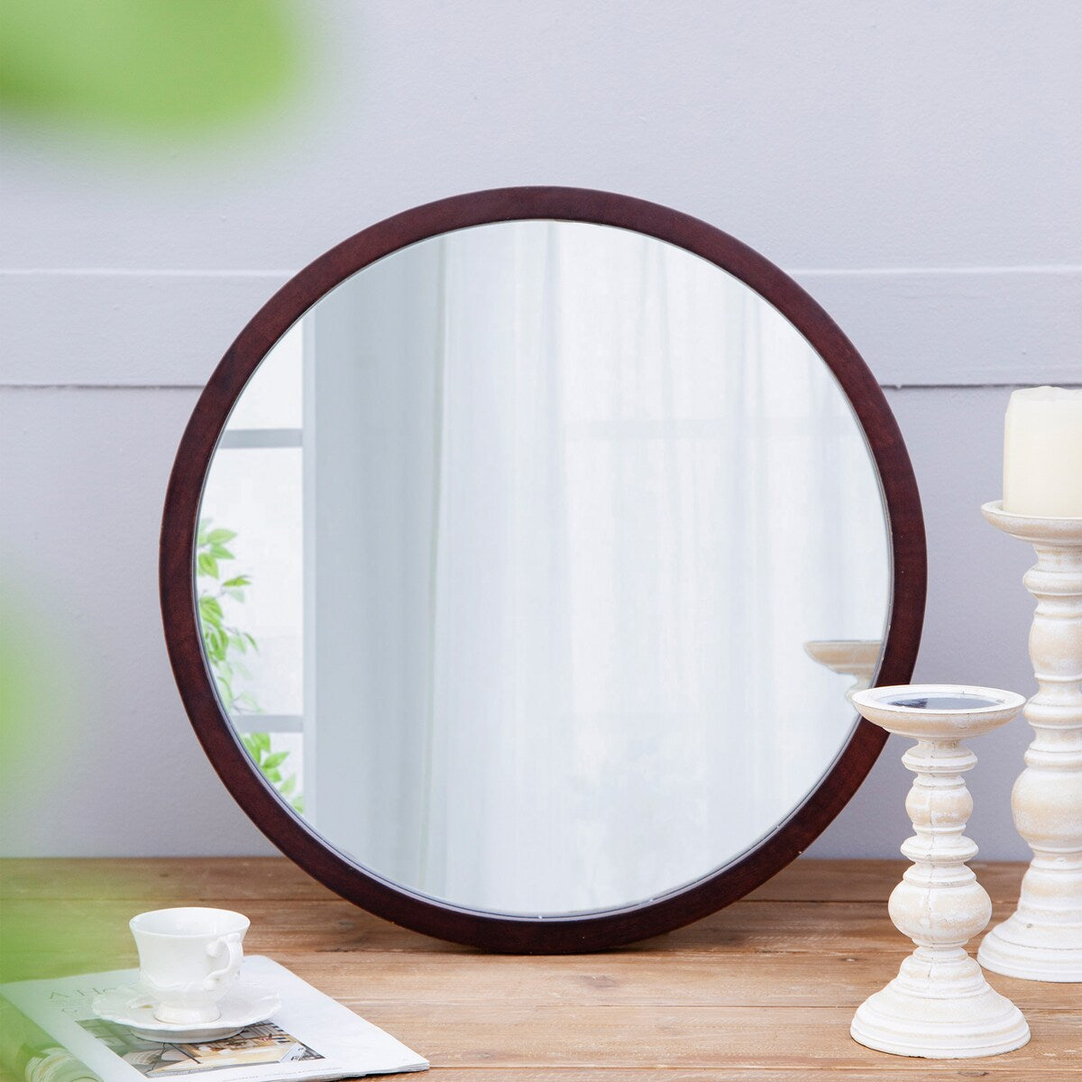 CUSchoice Circle Wall Mirror with Wooden Frame - 20" x 20"