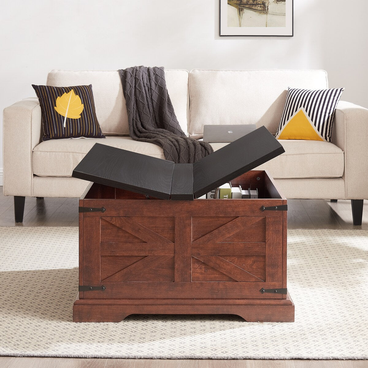 CUSchoice Farmhouse Coffee Table Square Wood Table with Large Hidden Storage Compartment - L31.5''*W31.5''*H18