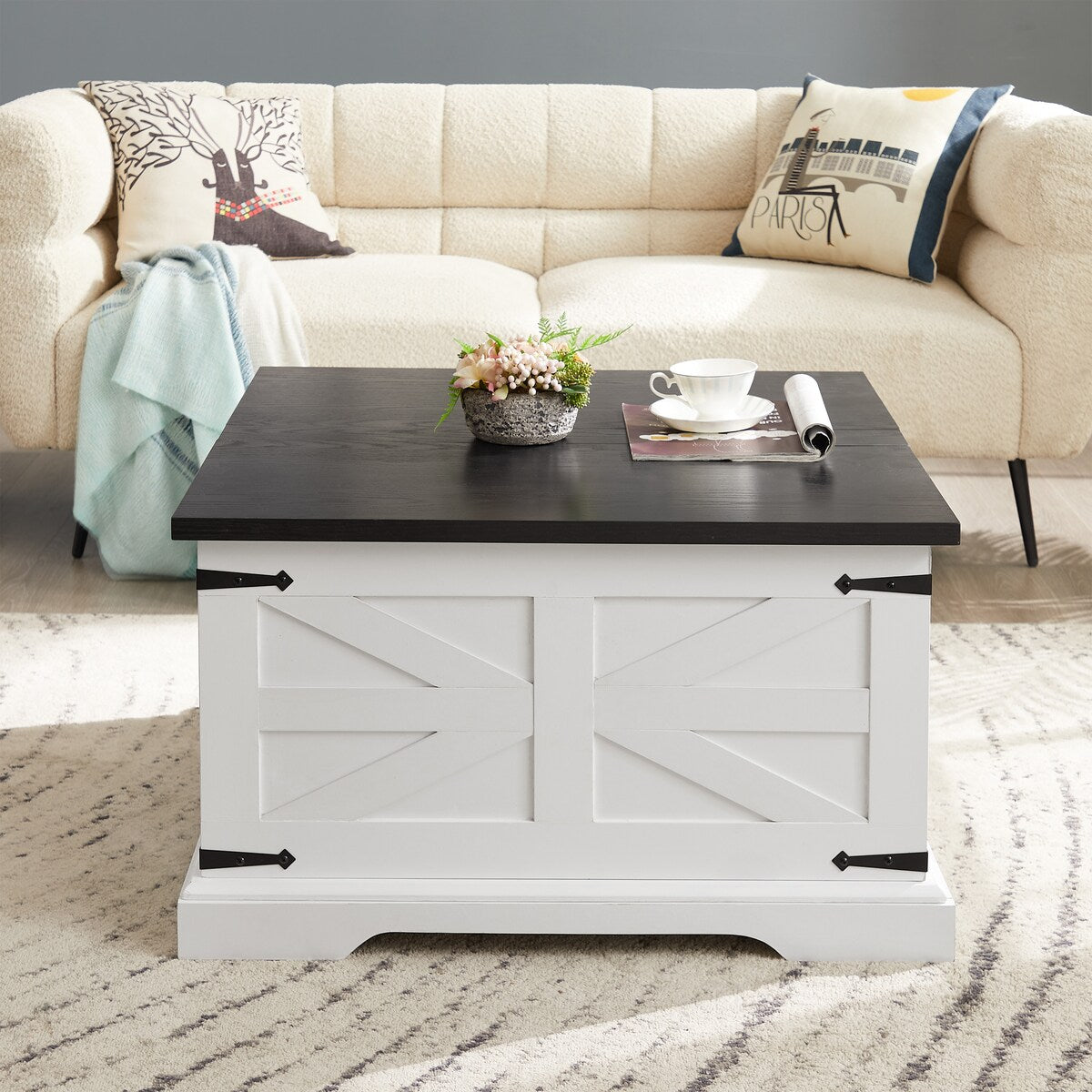 CUSchoice Farmhouse Coffee Table Square Wood Table with Large Hidden Storage Compartment - L31.5''*W31.5''*H18