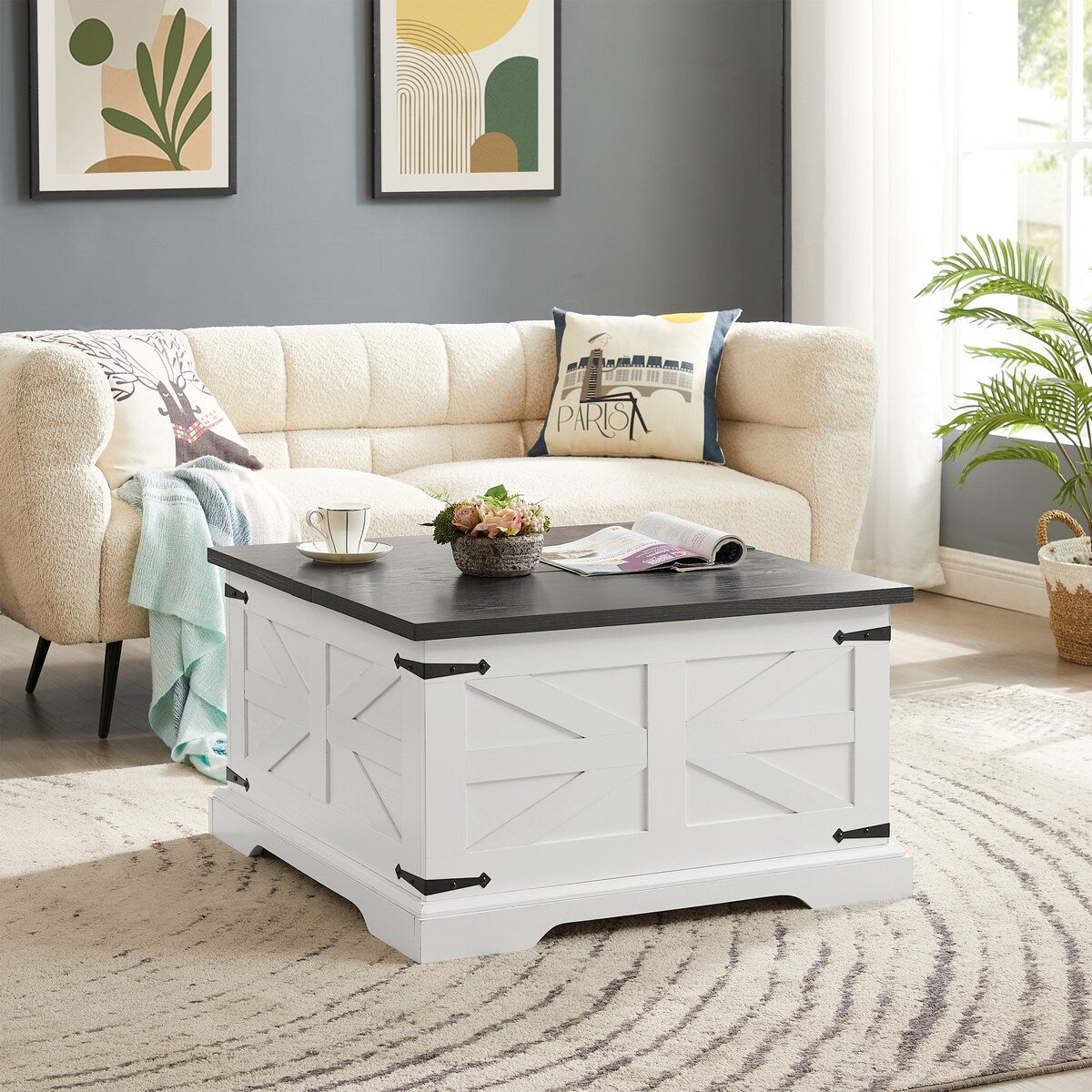 CUSchoice Farmhouse Coffee Table Square Wood Table with Large Hidden Storage Compartment - L31.5''*W31.5''*H18