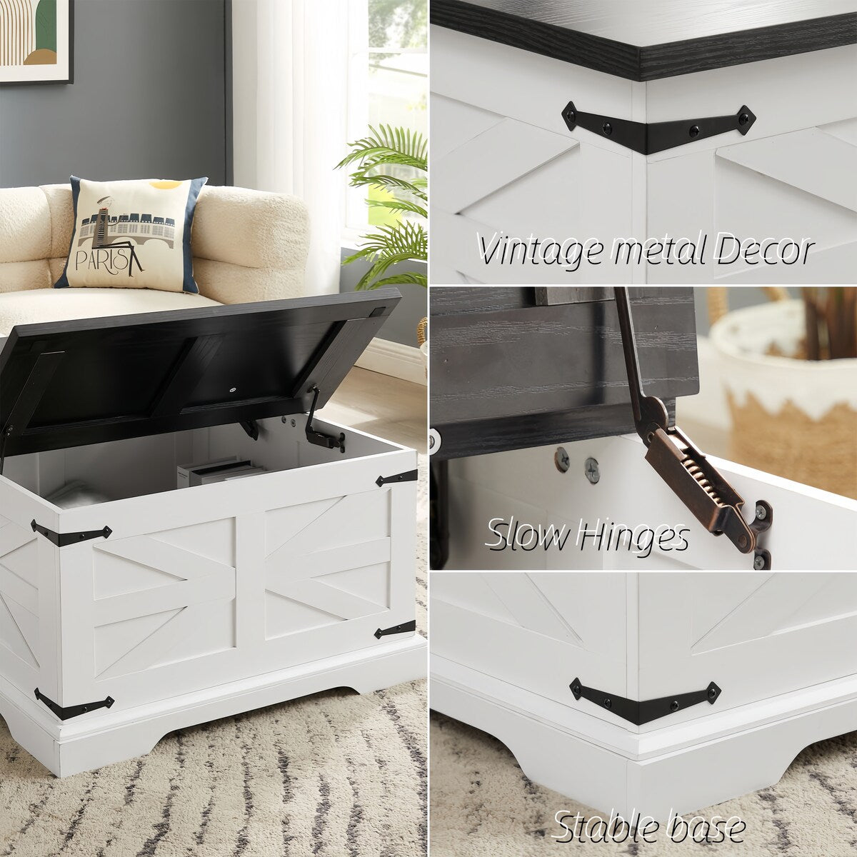 CUSchoice Farmhouse Coffee Table Square Wood Table with Large Hidden Storage Compartment - L31.5''*W31.5''*H18