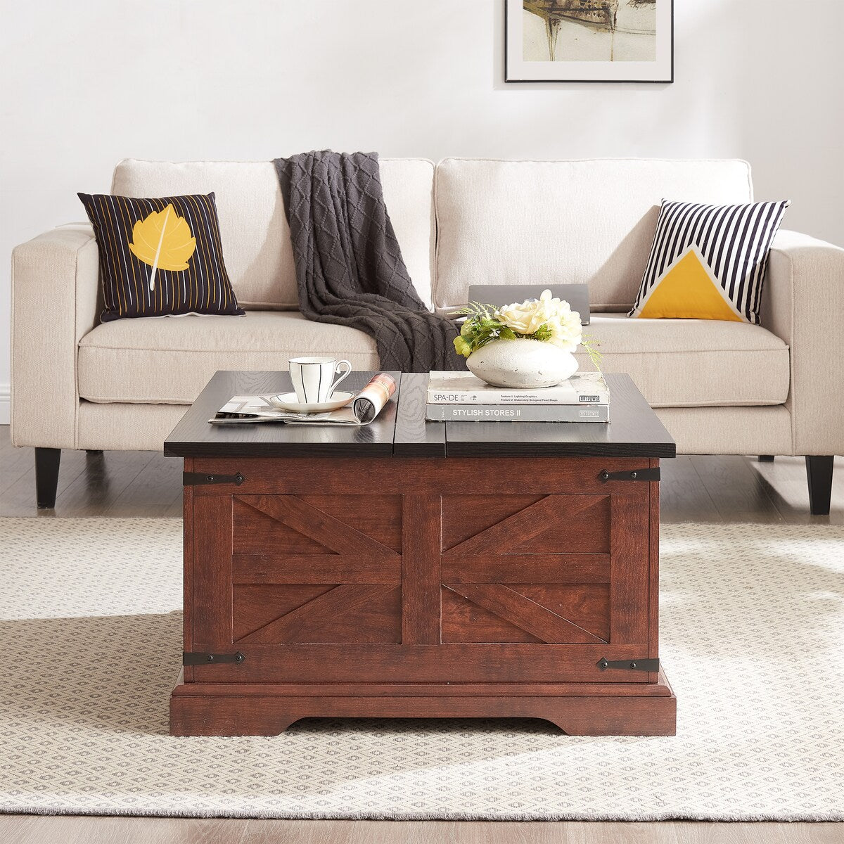 CUSchoice Farmhouse Coffee Table Square Wood Table with Large Hidden Storage Compartment - L31.5''*W31.5''*H18