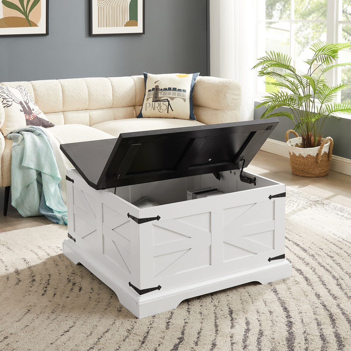 CUSchoice Farmhouse Coffee Table Square Wood Table with Large Hidden Storage Compartment - L31.5''*W31.5''*H18