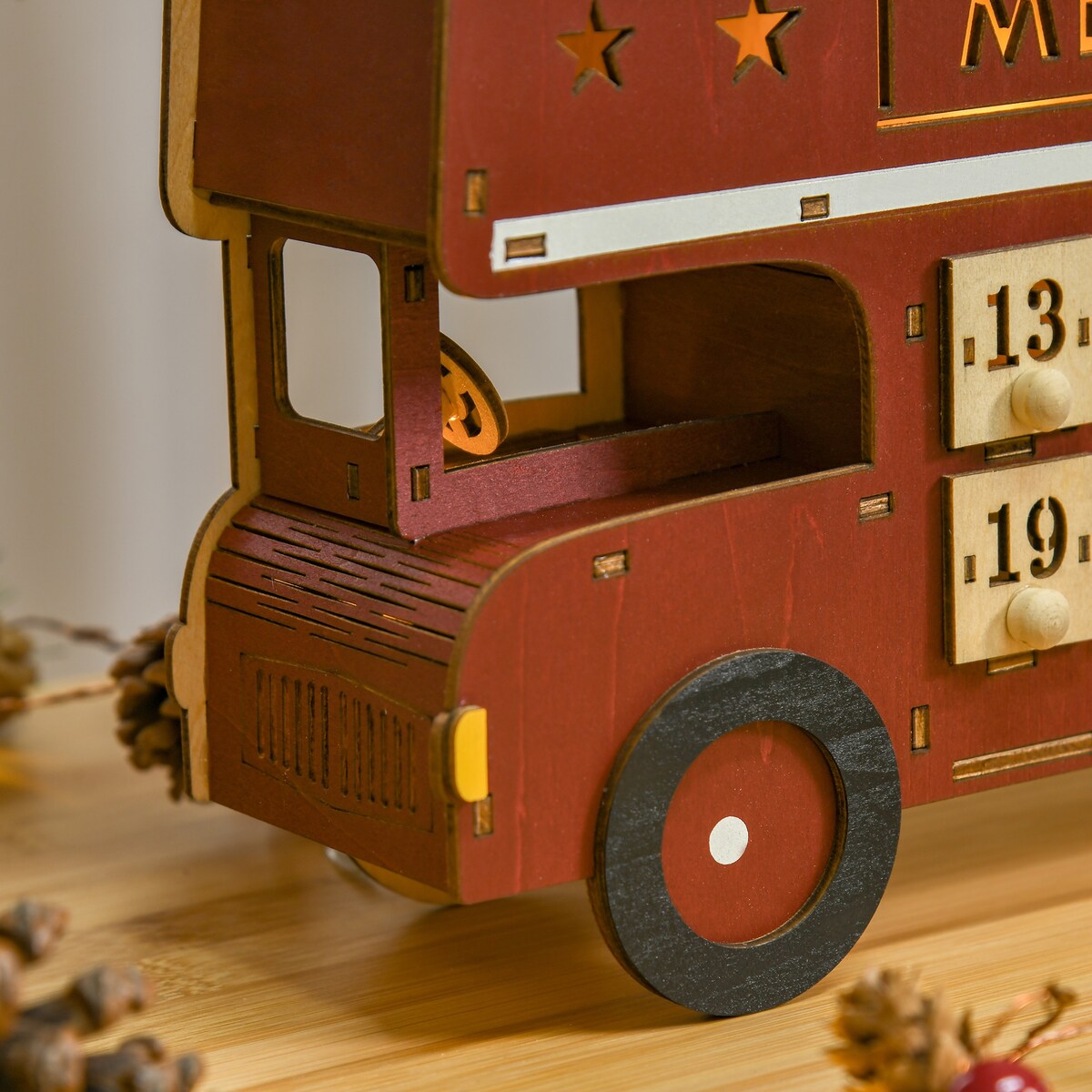 CUSchoice Light Up Wooden Advent Calendar Bus with Countdown Drawer