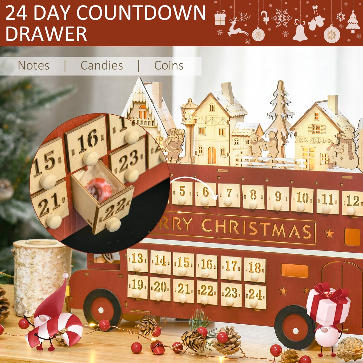 CUSchoice Light Up Wooden Advent Calendar Bus with Countdown Drawer