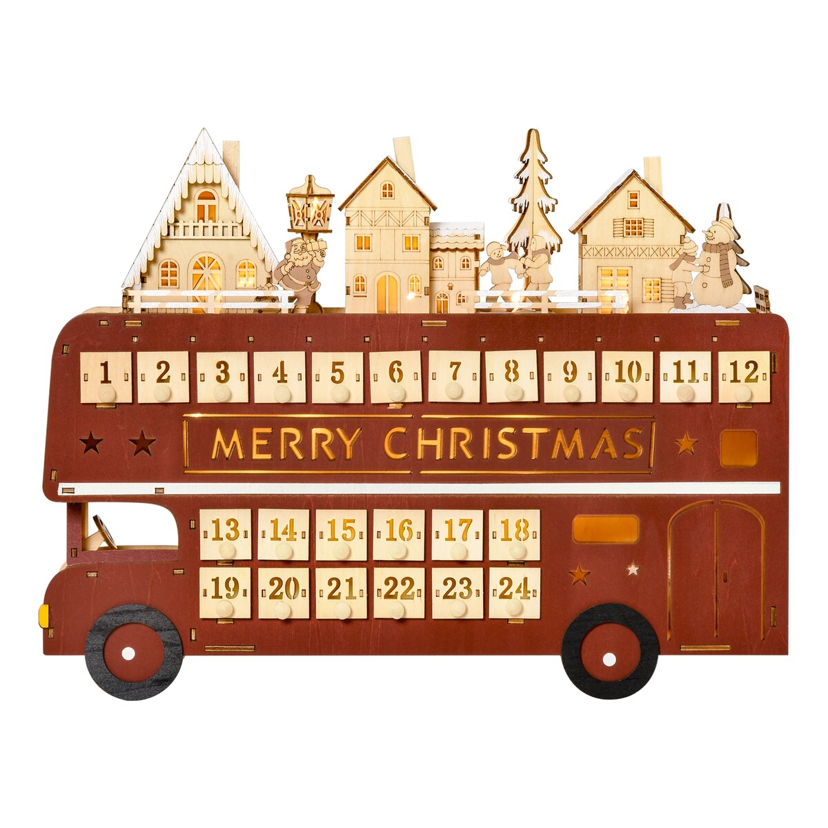 CUSchoice Light Up Wooden Advent Calendar Bus with Countdown Drawer