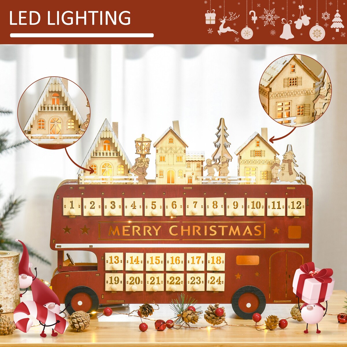CUSchoice Light Up Wooden Advent Calendar Bus with Countdown Drawer