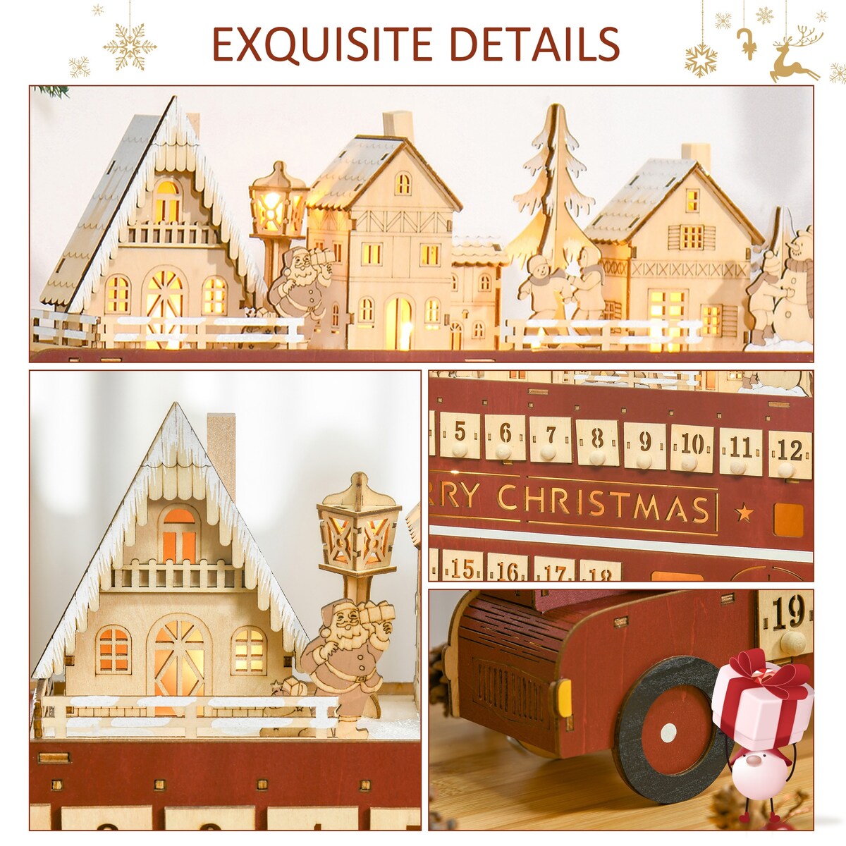 CUSchoice Light Up Wooden Advent Calendar Bus with Countdown Drawer