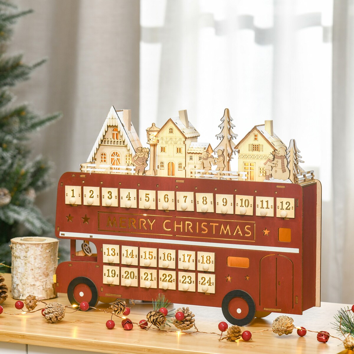 CUSchoice Light Up Wooden Advent Calendar Bus with Countdown Drawer