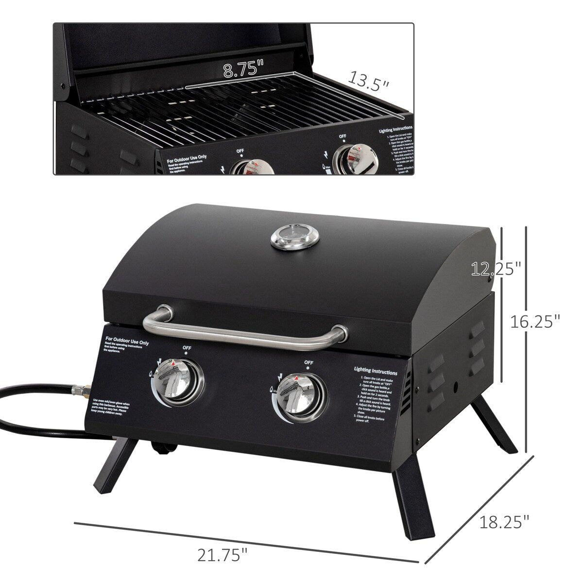 CUSchoice Portable 2-Burner Propane Gas Grill w/ Foldable Legs & Lid - 21.75" L x 18.25" W x 16.25" H
