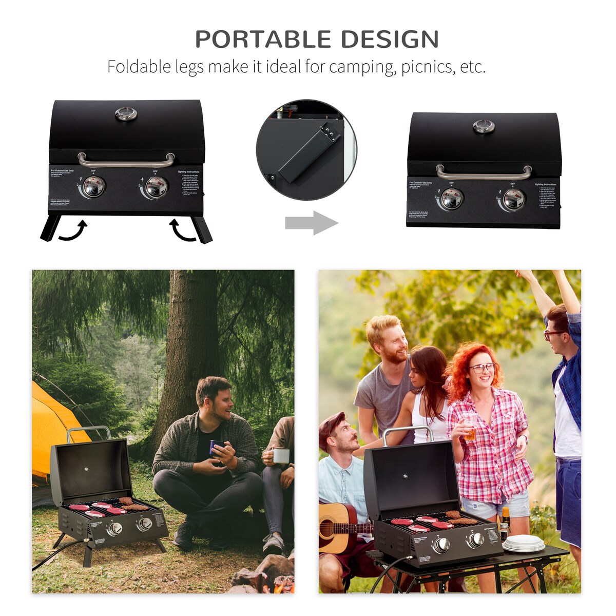 CUSchoice Portable 2-Burner Propane Gas Grill w/ Foldable Legs & Lid - 21.75" L x 18.25" W x 16.25" H