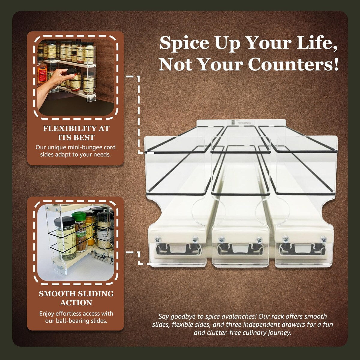 Cabinet Mounted Spice Rack Organizer - 3 Drawers, 18 Capacity - Sliding Cabinet Organizer - Pullout Shelves