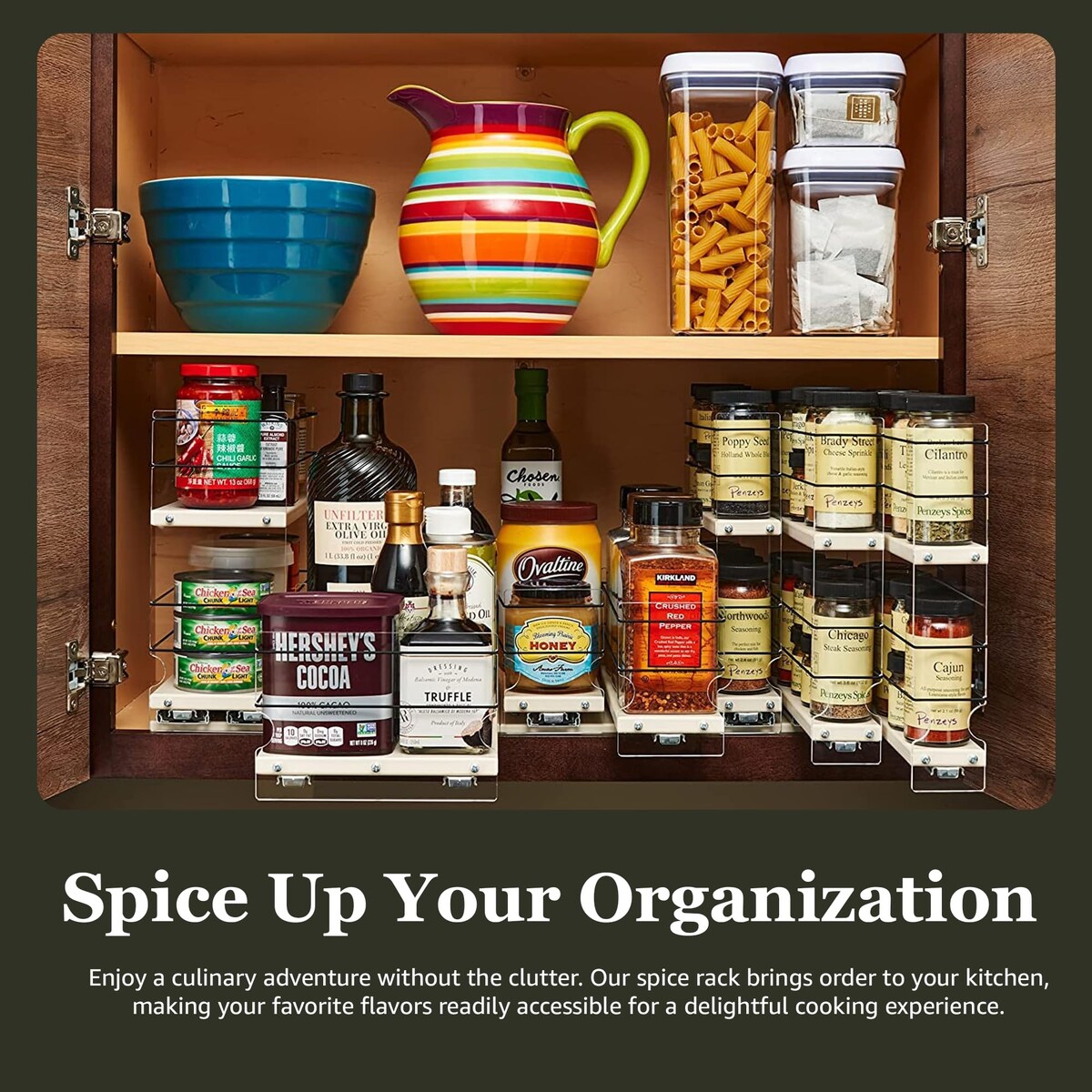 Cabinet Mounted Spice Rack Organizer - 3 Drawers, 18 Capacity - Sliding Cabinet Organizer - Pullout Shelves