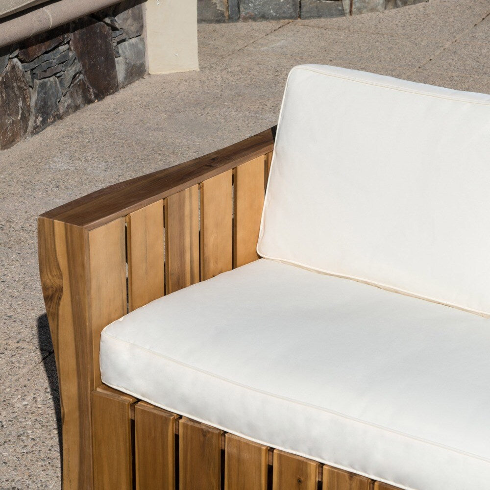 Cadence Outdoor 2-piece Acacia Wood Loveseat and Coffee Table Set with Cushions by Christopher Knight Home