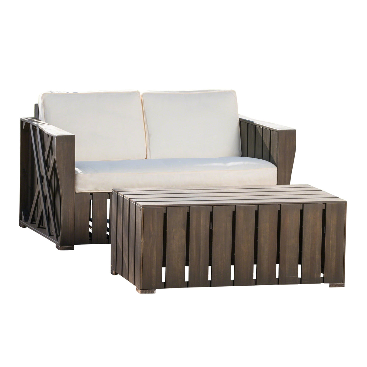 Cadence Outdoor 2-piece Acacia Wood Loveseat and Coffee Table Set with Cushions by Christopher Knight Home