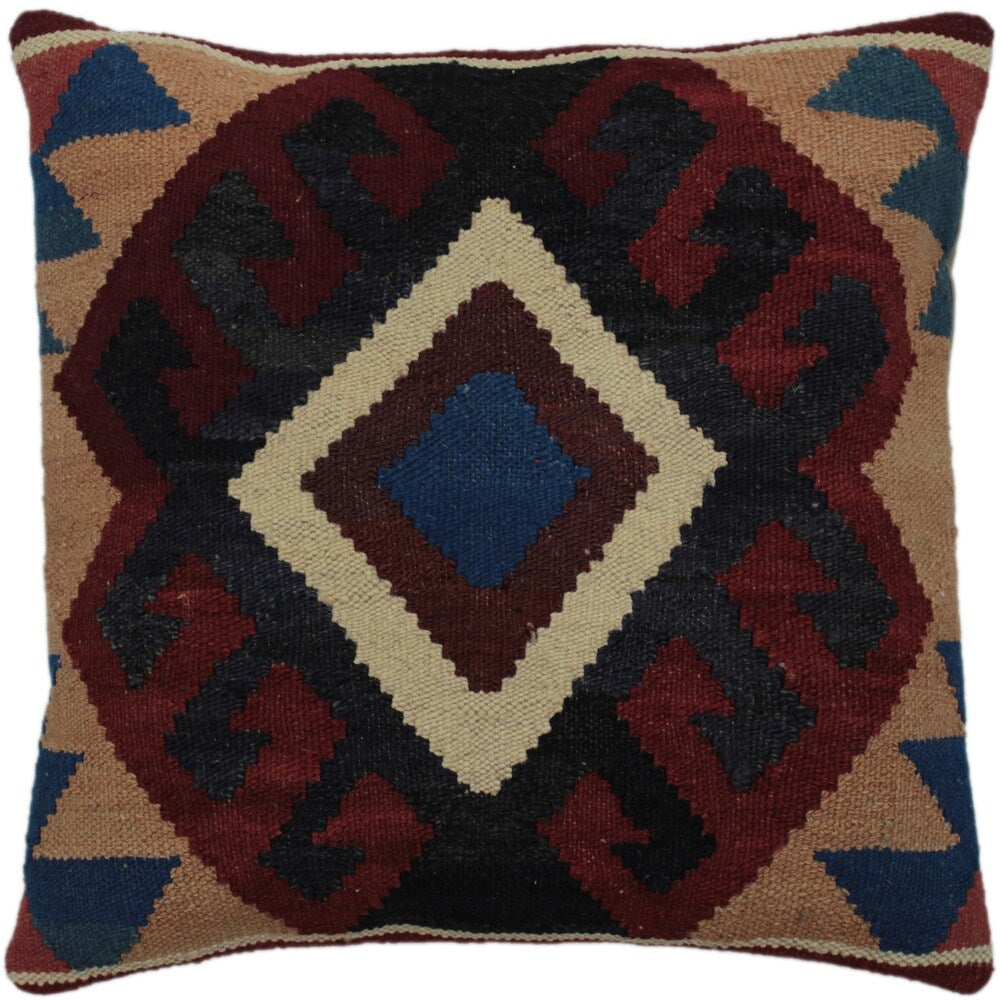 Cahill Drk. Red/Blue Hand-Woven Kilim Throw Pillow - 19"x18"