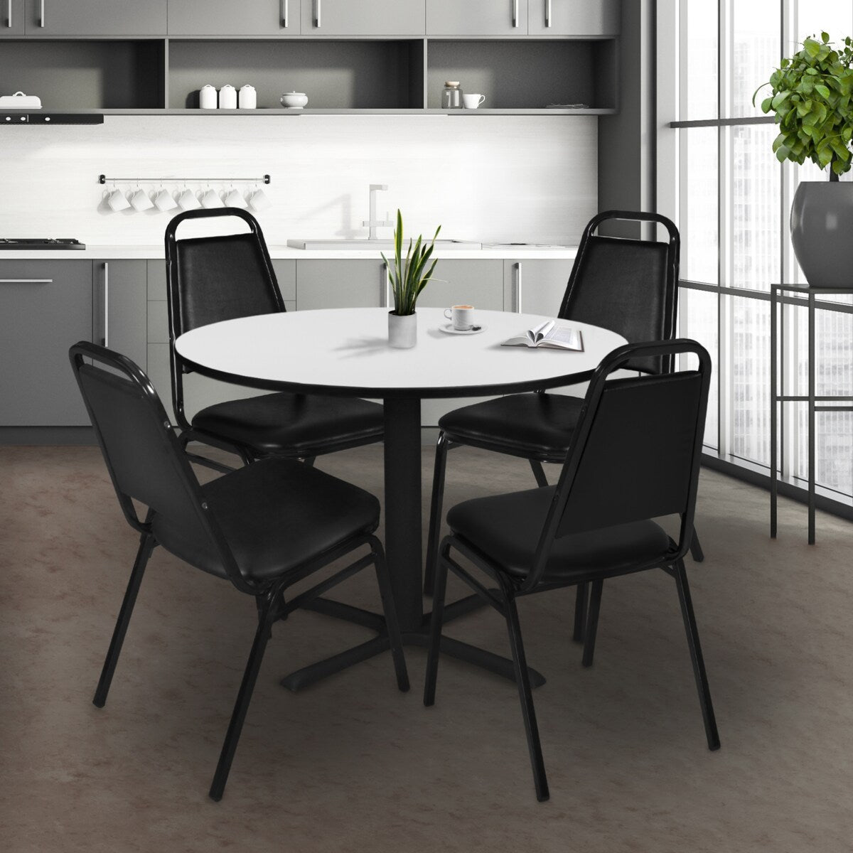 Cain 48" Round Breakroom Table- Ash Grey & 4 Restaurant Stack Chairs- Black