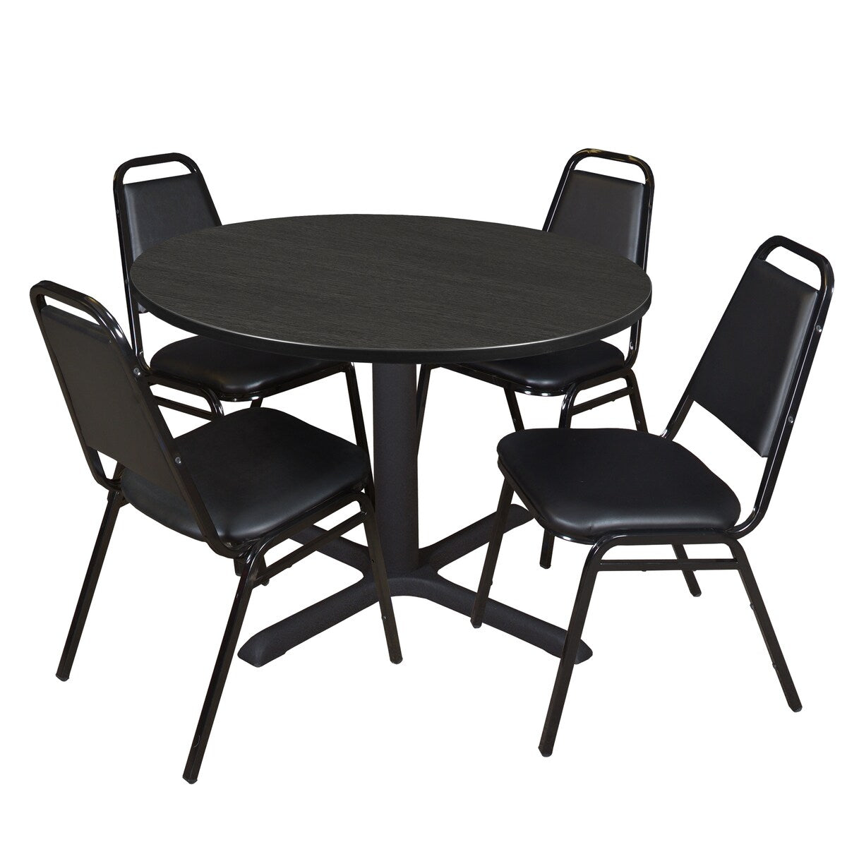 Cain 48" Round Breakroom Table- Ash Grey & 4 Restaurant Stack Chairs- Black
