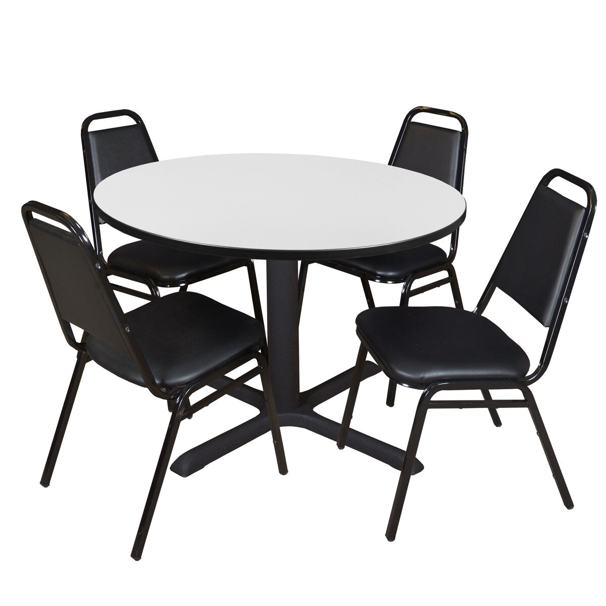Cain 48" Round Breakroom Table- Ash Grey & 4 Restaurant Stack Chairs- Black