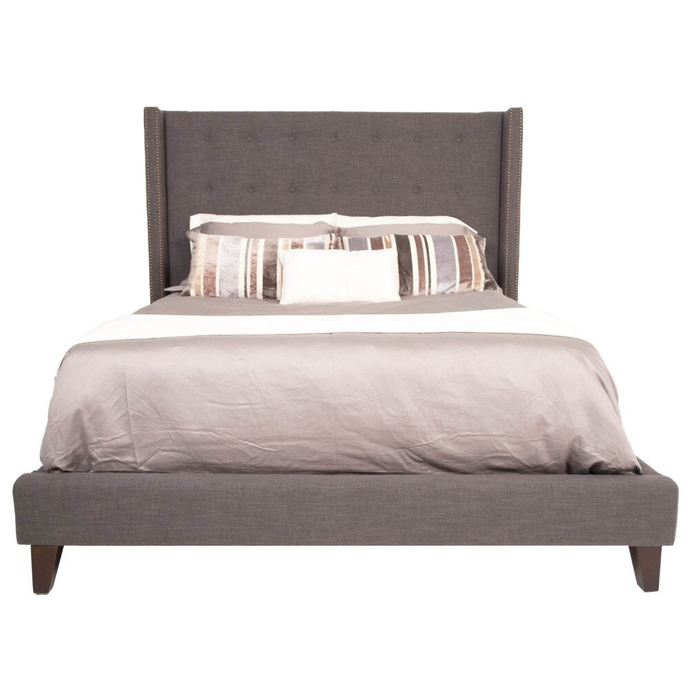 California King Bed With Button Tufted Linen Upholstered Headboard, Gray