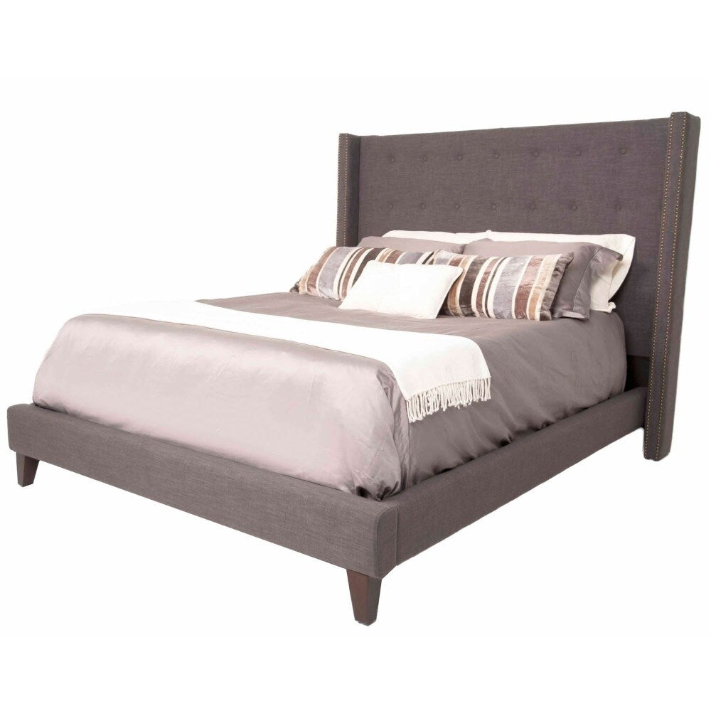 California King Bed With Button Tufted Linen Upholstered Headboard, Gray