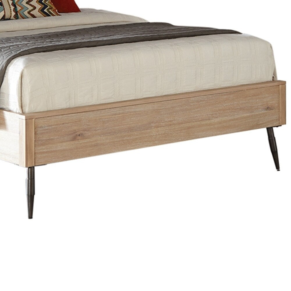 California King Bed with Plank Style Headboard and Round Tapered Legs,Brown